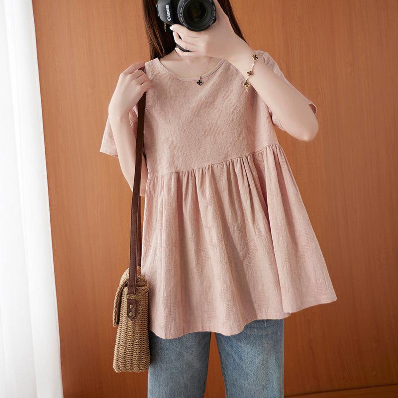 Sommer-T-Shirt in Übergröße für Damen, legere literarische Kurzarm-Oberteile mit großem Saum und Jacquard-Muster