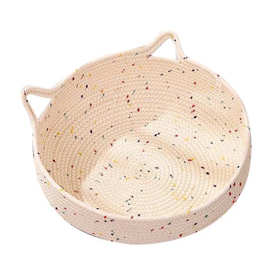

Cat Basket Bed with Cushion Cat Ear Cotton Rope Woven Pet Bed Breathable Cat Basket for Indoor Cats All Season Use S