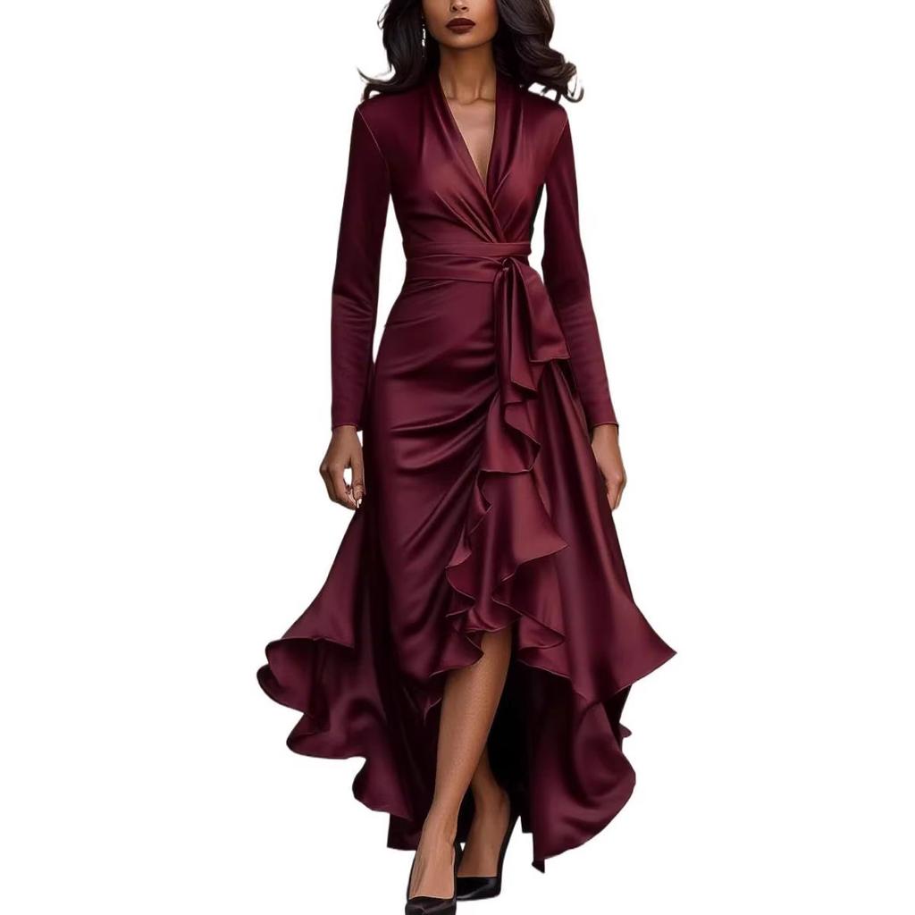 Cross-border Foreign Trade 2026 European and American Spring and Autumn New Amazon Satin V-neck Waist Temperament Ruffle Edge Dress Women