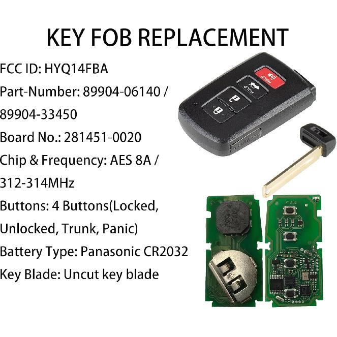 Smart Key Fob for Toyota Camry 2012-2017, Alliskeys Proximity Remote Control Key Fob Compatible for Toyota Camry Avalon Corolla 2013-2018 HYQ14FBA