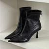 Black Thin Heel Temperament High Heels Short Boots Children Autumn and Winter Velvet High Heel Pointed Splicing Elastic Thin Boots