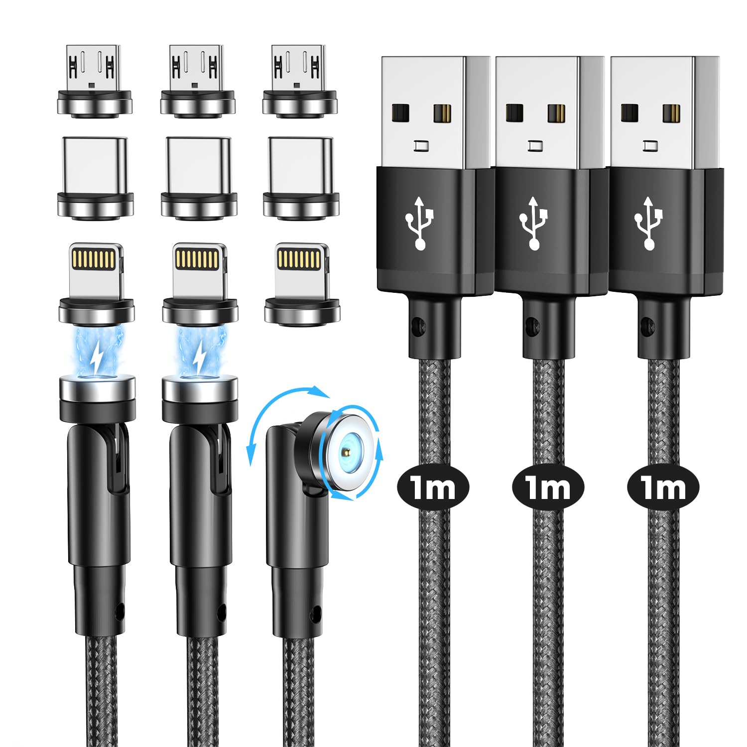 

Magnetic Charging Cable Magnetic Rotation Magnetic USB Charging Cord with Lightning and Micro USB for iOS USB Magnetic Charging Cable with LED чёрный