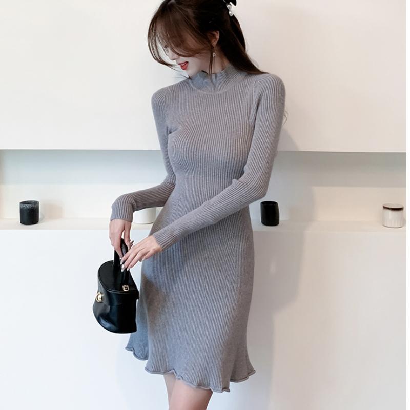 Herbst und Winter Slim Fit Einfarbig Gestricktes Damenkleid Langarm A-Linie Gerüschte Pulloverkleider Damen Lässig Hohe Taille Elegant Kurzes Kleid 25958
