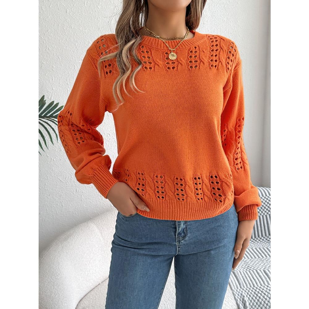 Women's Sweatshirt Casual Solid Colour Openwork Lantern Sleeve Pullover Knit Top