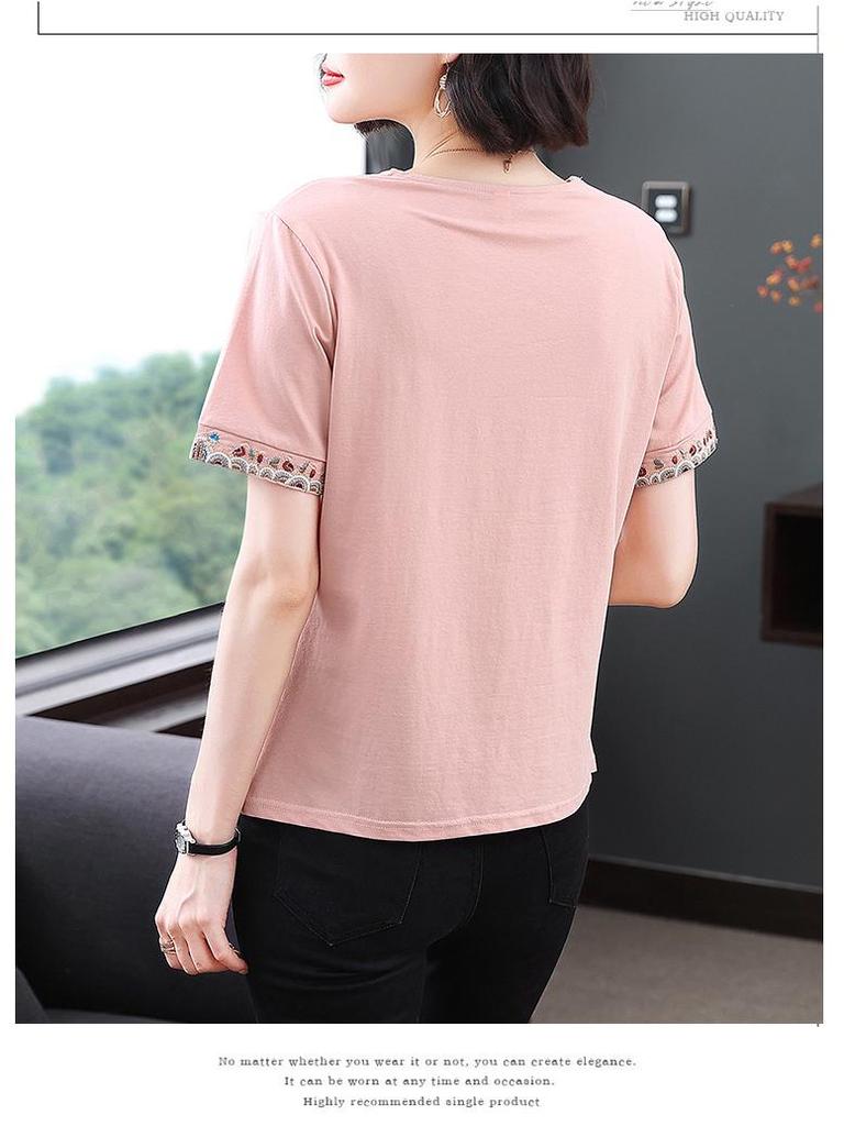 Besticktes Sommer Freizeit Kurzarm T-Shirt für Frauen mittleren Alters