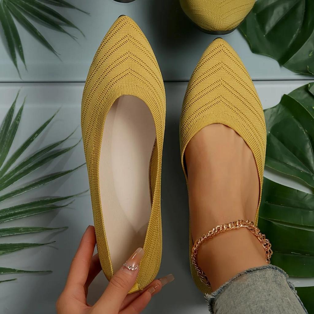 Women's Pointed Toe Flat Shoes Solid Color Knitted Slip On Shoes Casual Breathable Flats Women Flat Loafers Comfort Ladies Shoes
