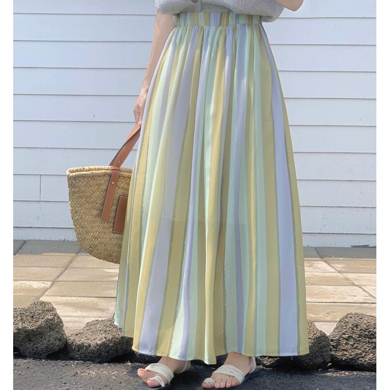Spring and Summer New Arrival Women's Clothing Stripes Long Skirt A- Line Large Hem Long Skirt Elastic Waist Loose Slimming Stripes Stripes Skirt