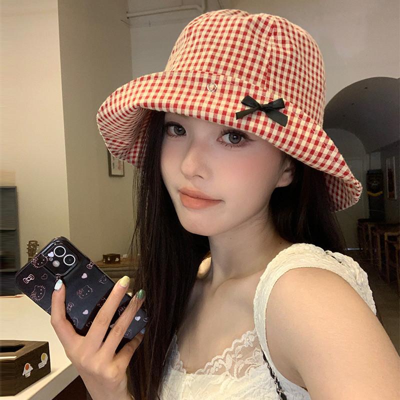 Checkered Korean Versatile Bowknot Fisherman Hat For Women Great For Sun Protection And Seasonal Wear