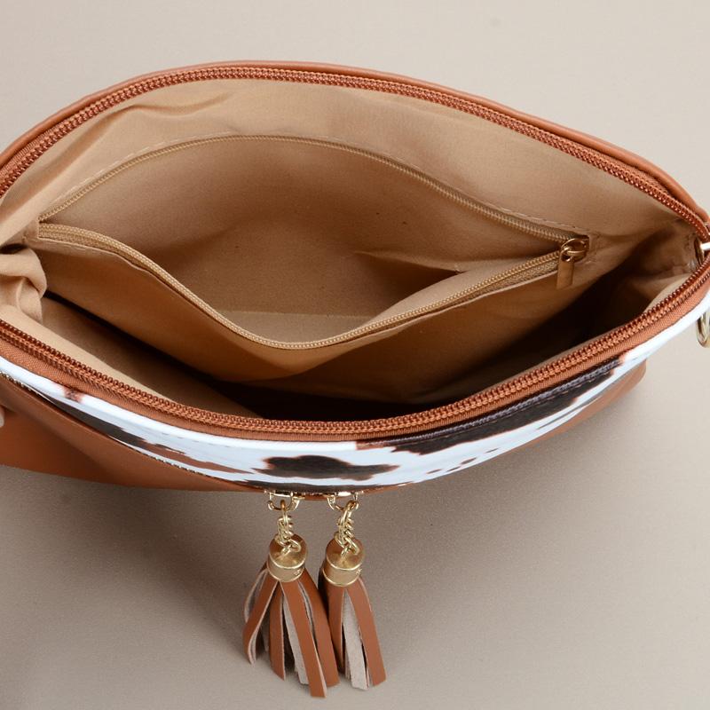 Torebka na nadgarstek z frędzlem w krowi wzór, torba crossbody z teksturą ze skóry PU, portmonetka, klasyczna wszechstronna modna torba na ramię dla kobiet, prezent