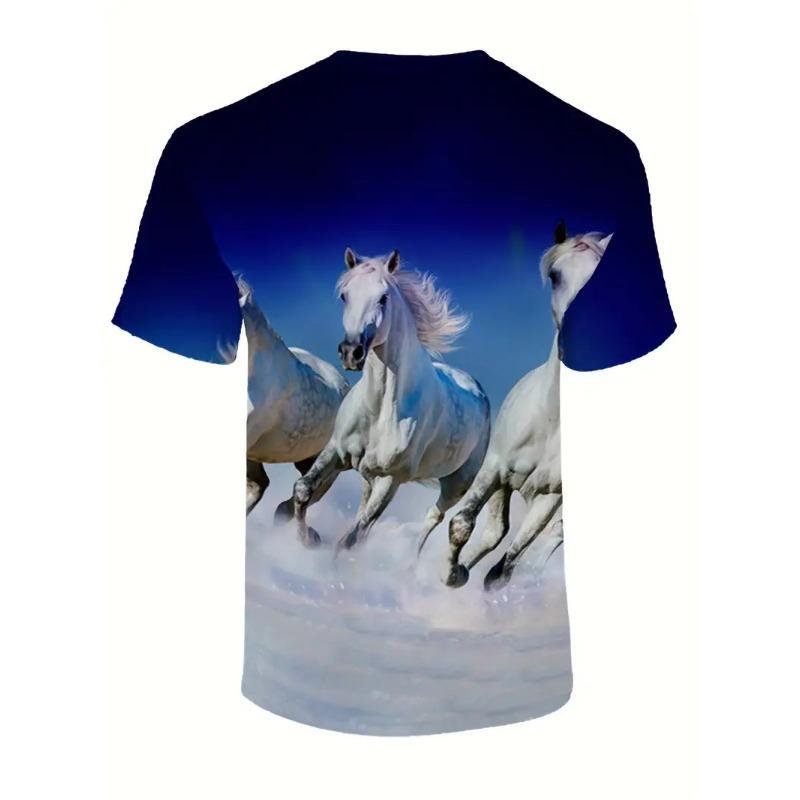 Men's 3D Printed White Horse Pattern T-shirt Humorous Digital Printed Short Sleeved T-shirt Breathable Polyester Round Neck Casual