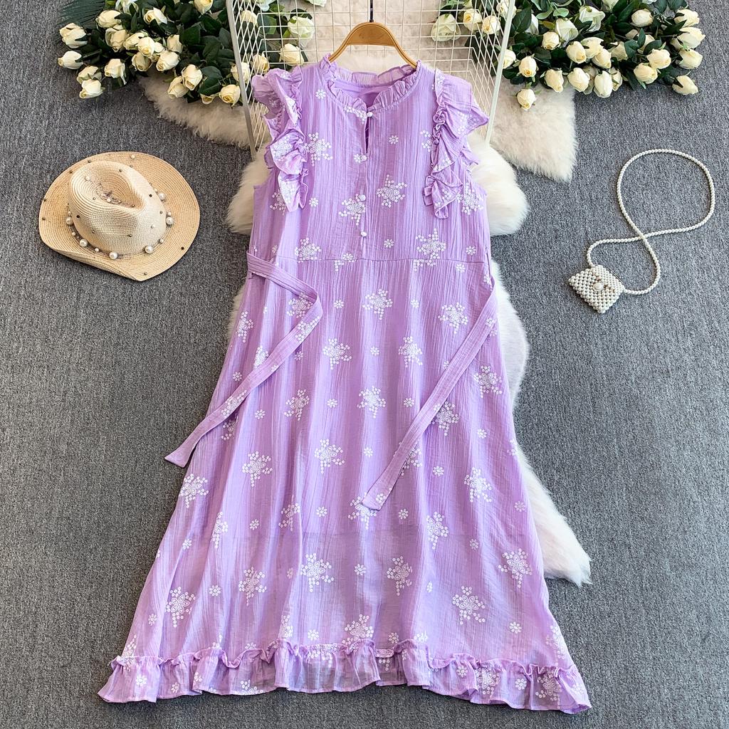 Sweet Stitched Ruffle Hem round Ne Princ Long Dress Women Spring Autumn Belted Waist Women Dress