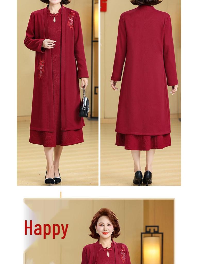 Winter Mother-in-law Wedding Outfit 2025: Velvet-Enhanced Dress Suit for Middle-Aged & Elderly Mothers.