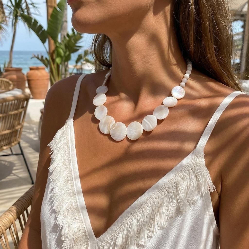 Collana Girocollo con Disco a Conchiglia Iridescente Mermaidcore per Donna Estetica Y2K Collana Rotonda con Perle Finte Gioielli per Vacanze Estive al Mare