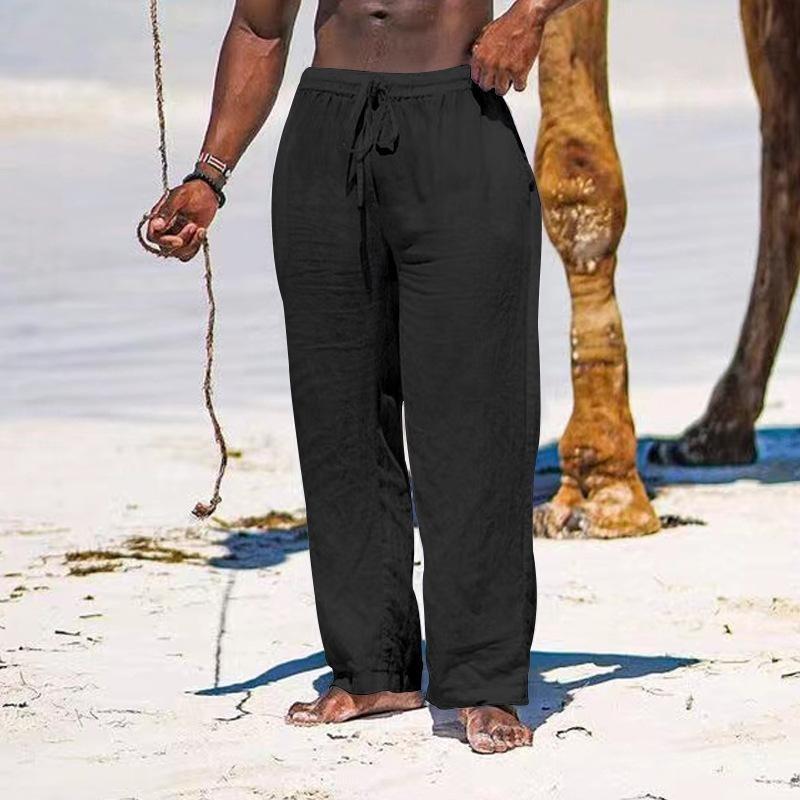 Sommer pustende linbukser for menn Lett yoga strand bomull lin ensfargede bukser løs Uformell