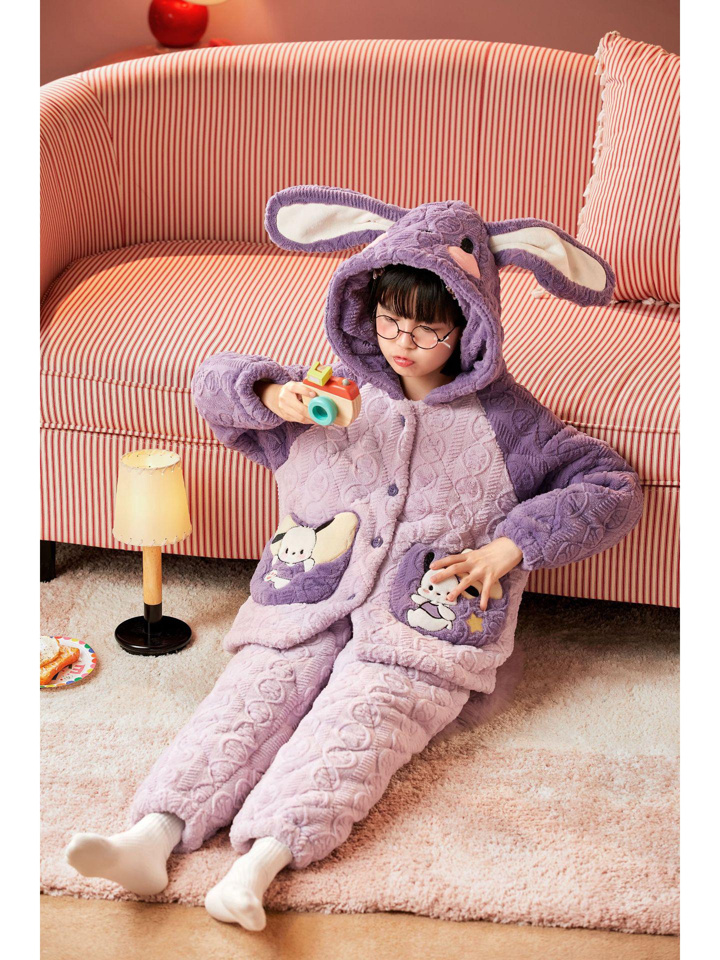 

Girls Kuromi Quilted Fleece Pajamas - Thick, Cute Autumn/Winter Home Wear (2025) 8