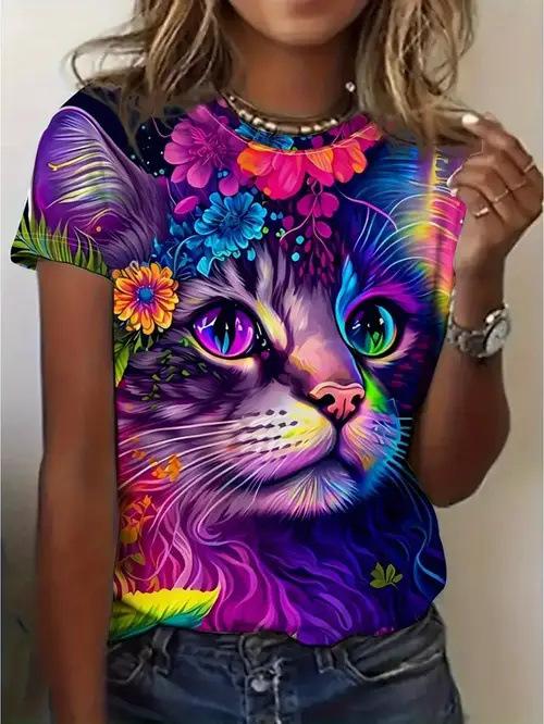 Summer Cute Cat Graphic Flower 3D Print T-Shirts Women Casual O-Neck Short Sleeve T Shirt Harajuku Y2k Tees Tops Female Clothing
