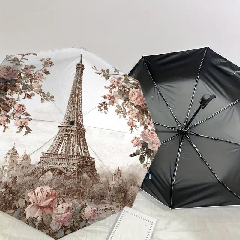 1PC Eiffel Tower Flowers Umbrella-8-Rib Reinforced, Automatic Open, Lightweight & Durable, Cute Fashion Accessory for Outdoor-P2714