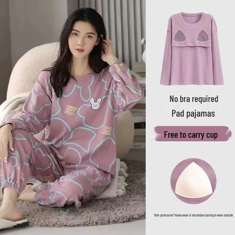 Women's Pajama Set with Chest Pad - Long Sleeve, Long Pants, Plus Size, Casual Homewear for Spring, Autumn, Winter