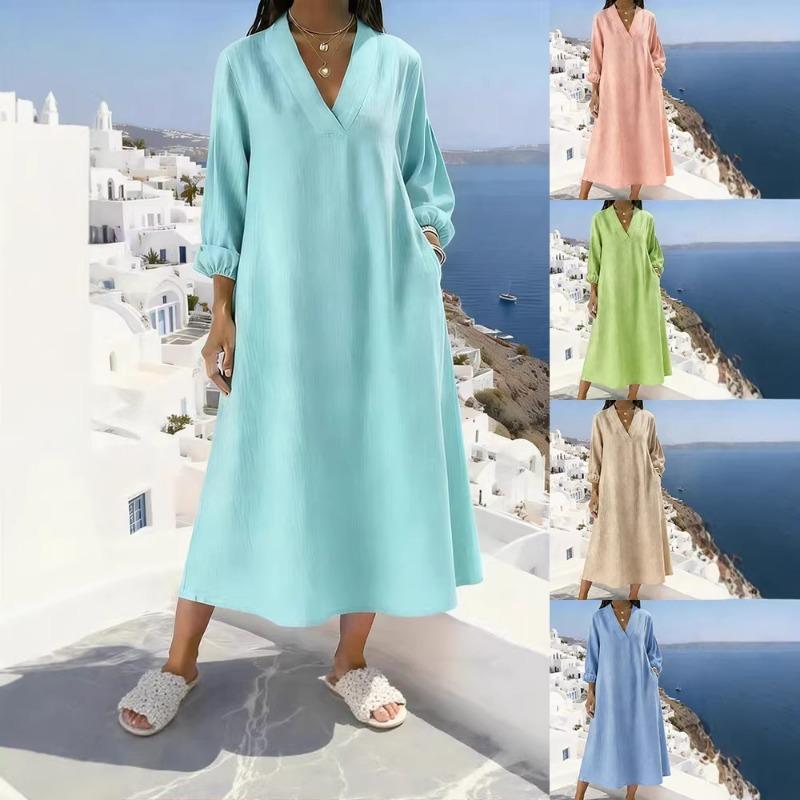 Neues lässiges Langarm-V-Ausschnitt-Einfarbiges Mehrfarbiges Damen-Schlauchkleid