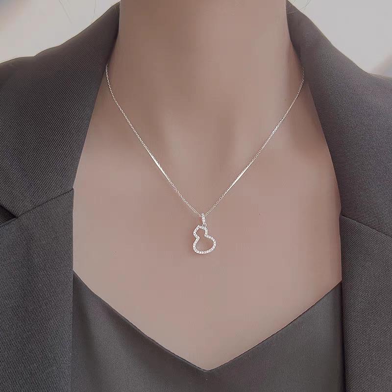 S925 Sterling Silver Gourd Pendant Necklace - Niche Design with Diamond Inlay for Women