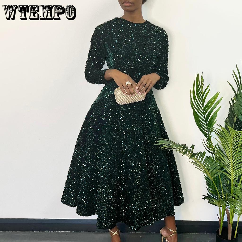 Sukienki damskie z okrągłym dekoltem, długim rękawem, jednolitym kolorem, cekinami, wysokim stanem, o średniej długości