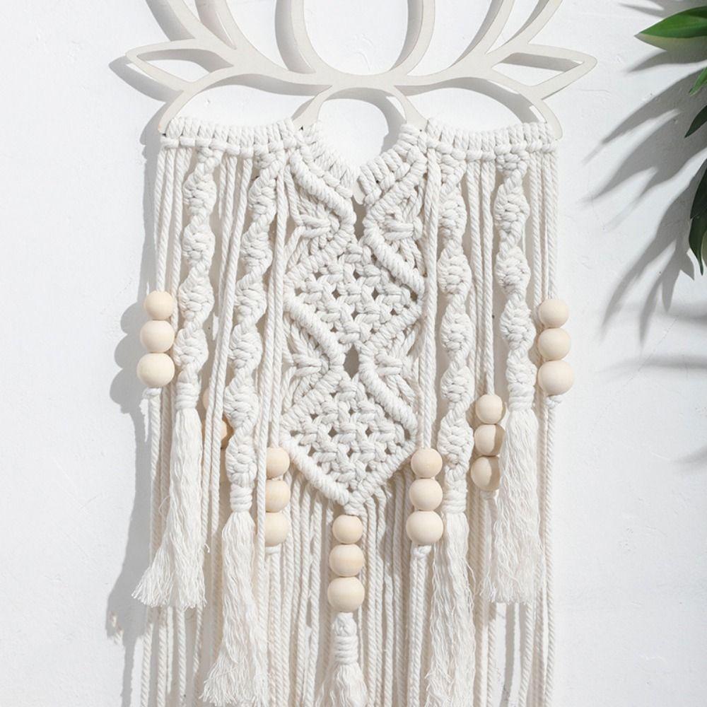 Beige Boho Wall Hanging Decor Cotton Thread Wall Pendant Exquisite Lotus Woven Tapestry Bedroom