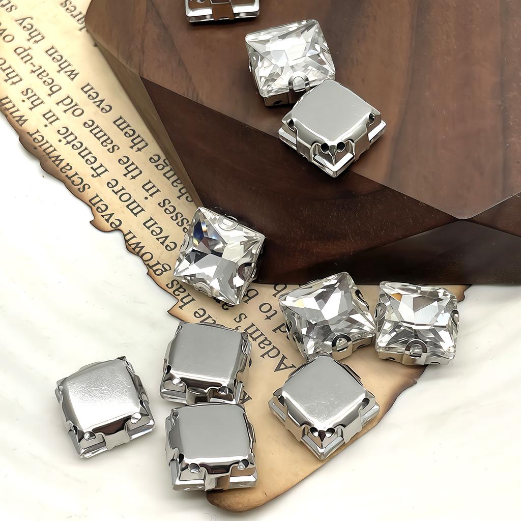 Square Crystal Glass Rhinestones with Claw Marquise Sew On Stone Strass Diamond Metal Base for Wedding Dress Garment Ornament