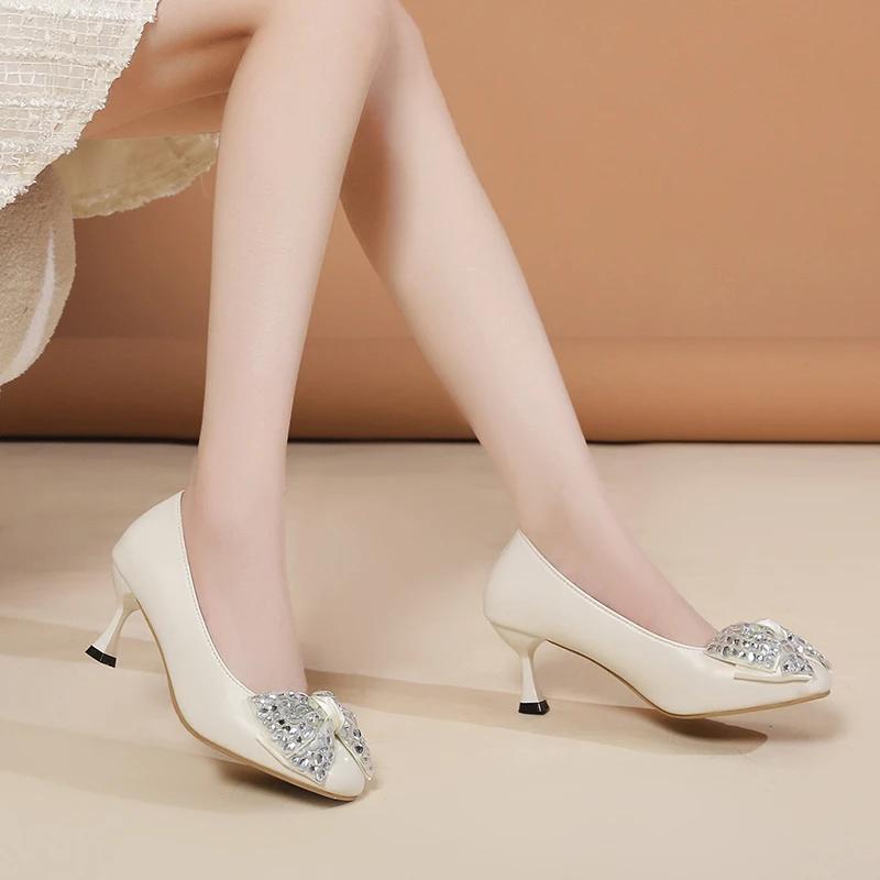 2024 New Fashion Hot Selling Women's Shoes Round Toe Bow Rhinestone Decoration Stiletto Heel Comfortable Women's Shoes