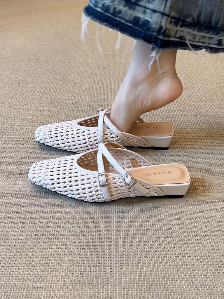Simple Square Head Woven Hollow Wedge Heel Sandals Women's 2025 Summer Versatile Outer Wear Cross Buckle Bag Head Slippers Women