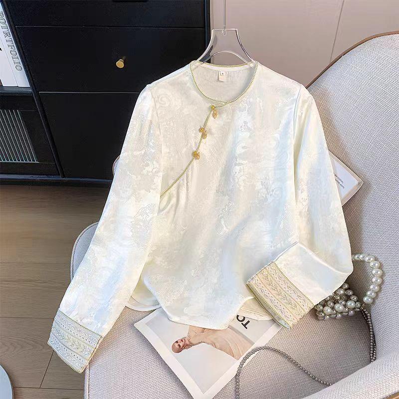 

Золотая цепочка на подоле и воротнике! Тысяча Юаней Женские Футболки с круглым вырезом, вышивкой и длинным рукавом, бежевые футболки с длинным рукавом с темным узором, футболка в китайском стиле Beige White XL