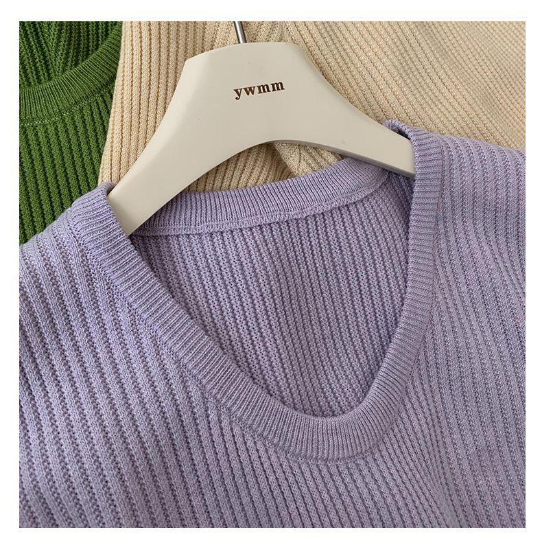 2025 Spring Korean-Style Casual U-Neck Short-Sleeve Knit Top - Solid Color