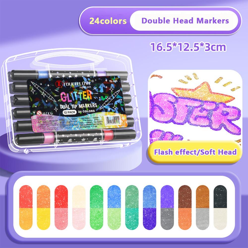 Glitter Colored Marker Pen Soft Head Painting Glitter Pen Colorful Fluorescent Pen  Students Use