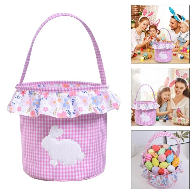 Reusable Fabric Easters Bucket Rabbit Print Decorative Bin Eggs Hunt Organizers Basket For Treats Storage Holiday Gifts