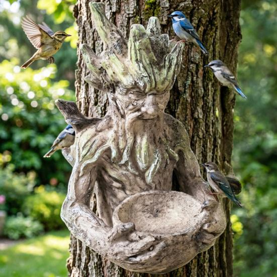 Tree Face Bird Feeder Funny Resin Hanging Bird Feeding Station Tree Mounted Forest Guardian Sculpture for Backyard Garden