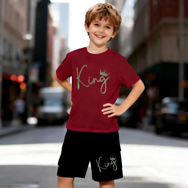 Boys 2 Piece Cartoon Letter Print Outfit, Short Sleeve T-Shirt and Shorts Set for Kids Age 5-14, Black and White Sporty Casual Summer Clothes