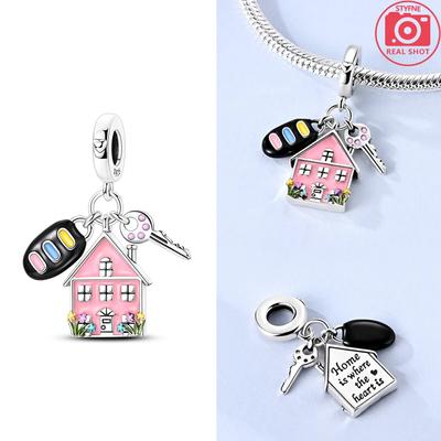 Elegant Original Copper Pink Family House Key Pendant Girl Dog Bead Fit Women Bracelet Women Diy Valentine Gift Fine Jewelry