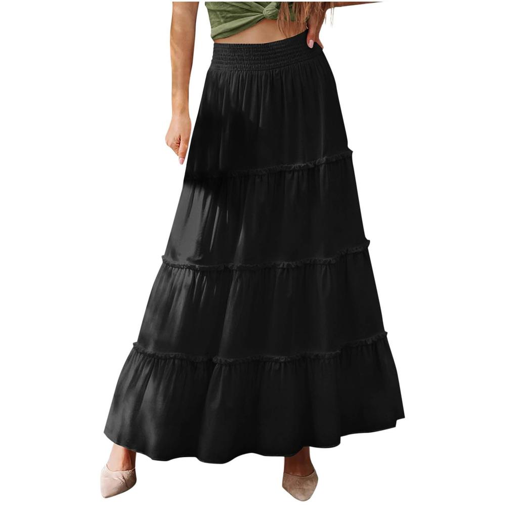 Women's Fashion Color Elastic Waist Skirt Loose Casual High Waist Tie Long Skirt