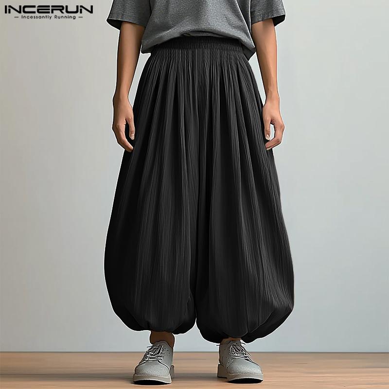 INCERUN Men Elastic Waist Pants Casual Loose Solid Color Texture Harem Trousers