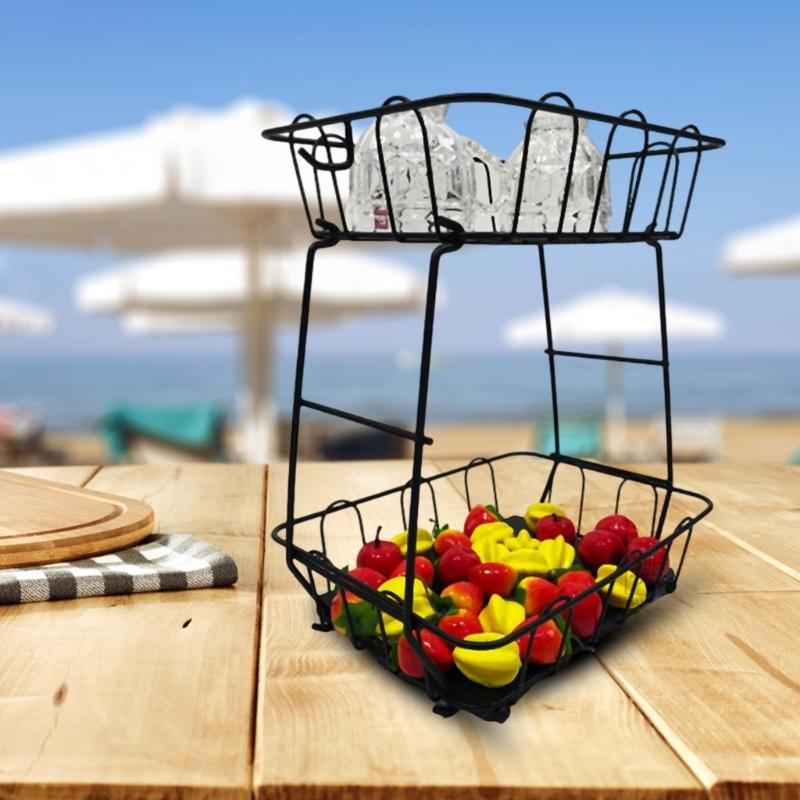 2 Layer Iron Fruit And Vegetable Holder For Countertop Organizing With Rusts Resistant Coating Tiered Fruit Basket