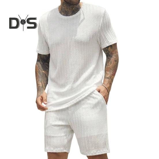 

Мужской спортивный костюм из 2 шт./компл., футболка с круглым вырезом и коротким рукавом, эластичная талия, широкие шорты с карманами, комплект одежды для бега с жаккардовой текстурой M белый