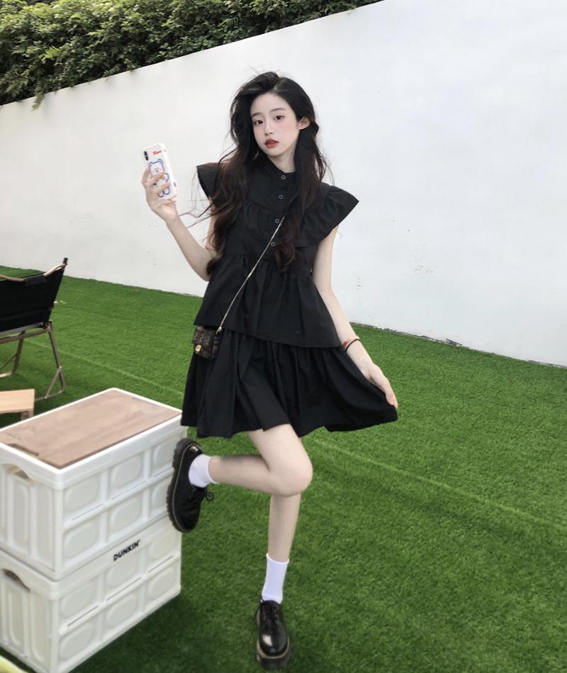 Black Mini Dresses Women Ruffles Sweet Girls Summer Sleeve Princess Style All-match Korean Preppy Students Dress