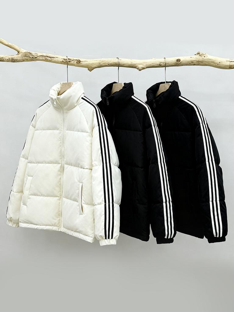 Winter Thick Puffer Coat for Women, Striped Casual Warm Coat for Couples, Thick Padding Jacket