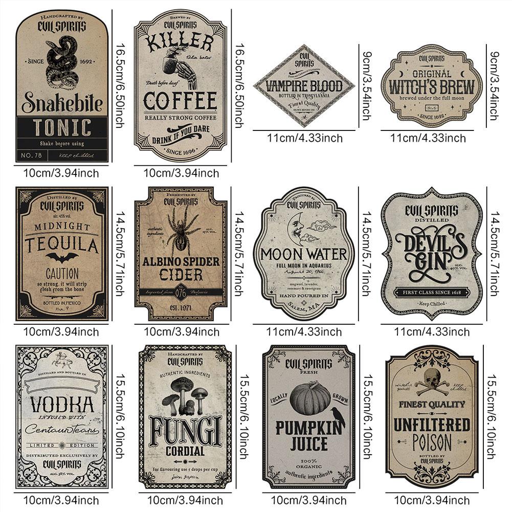 12Pcs/Pack Halloween Wine Bottle Labels Stickers Terror Skeleton Decorative Stickers for Beer and Beverages