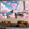 Dreamy Valentine Sailboat Tapestry, Anime Couple on Deck with Pink Heart Balloons and Ocean View, Sweet Romantic Wall Art