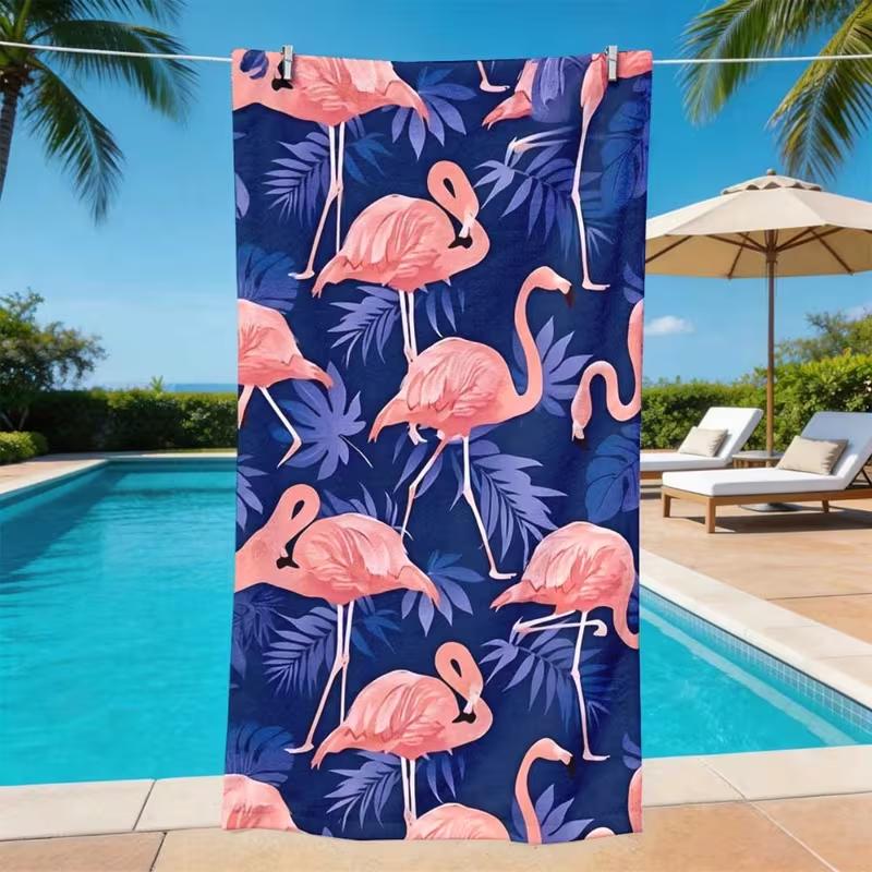 Rosa Flamingo Tropische Blätter Bedrucktes Strandtuch Weich Schnelltrocknend Leichtes Handtuch für Urlaub Schwimmen Fitnessstudio Außenbereich