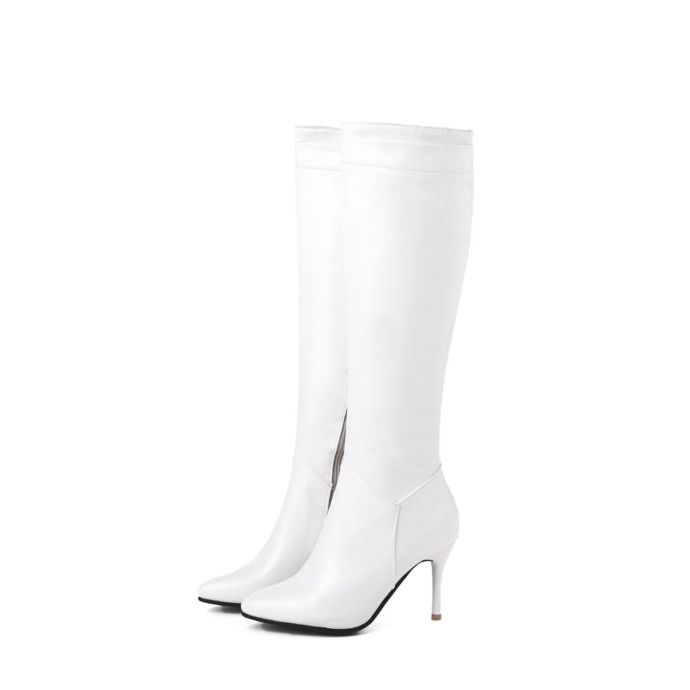 Bottes Hautes Classiques Automne Hiver Mode Femme Talons Hauts Botte Femme Cuir PU Noir Blanc Fermeture Éclair Chaussures Longues Grande Taille 45