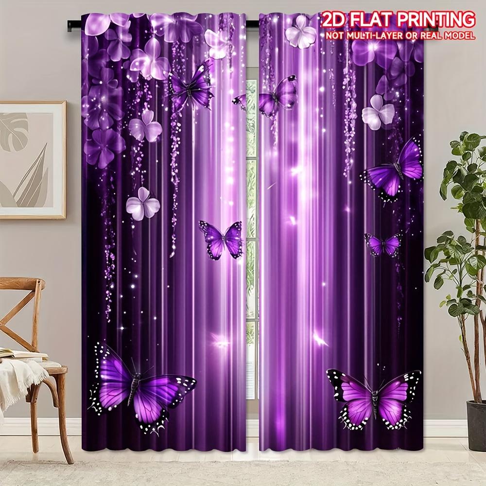 2pcs Purple Butterfly and Floral Print Curtains – Ideal for Artistic Decoration In Bedroom Living Room and Office