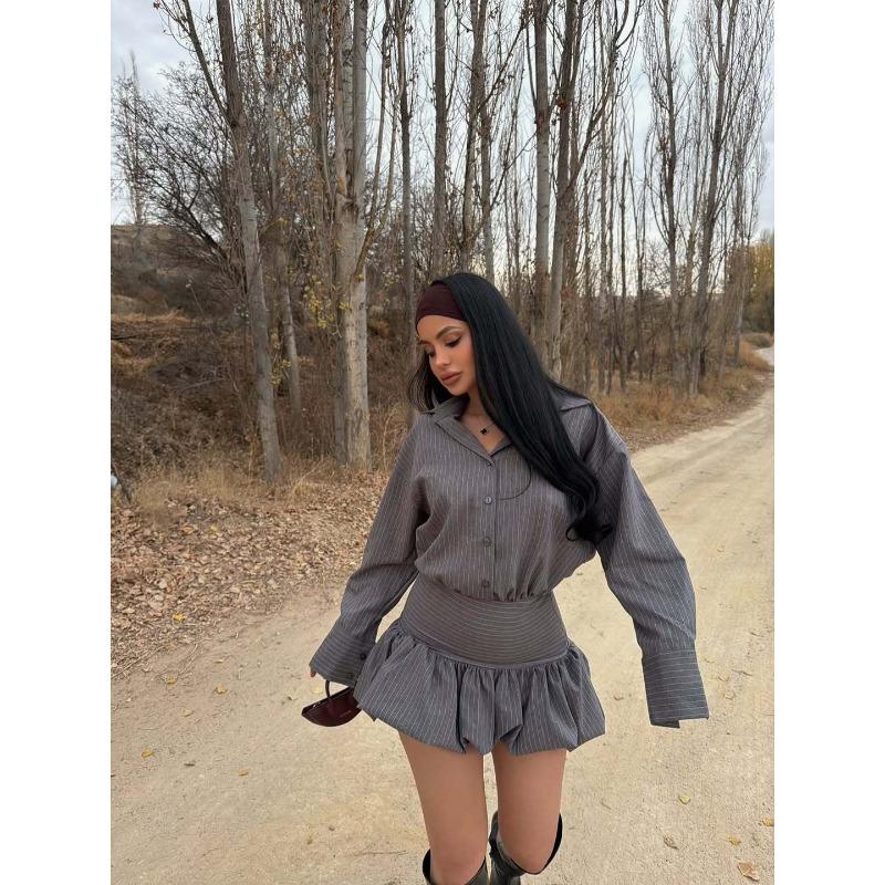 YYFS Women's Fashion Casual Stripe Print Autumn Winter Long Sleeve POLO Neck Skirt Suits
