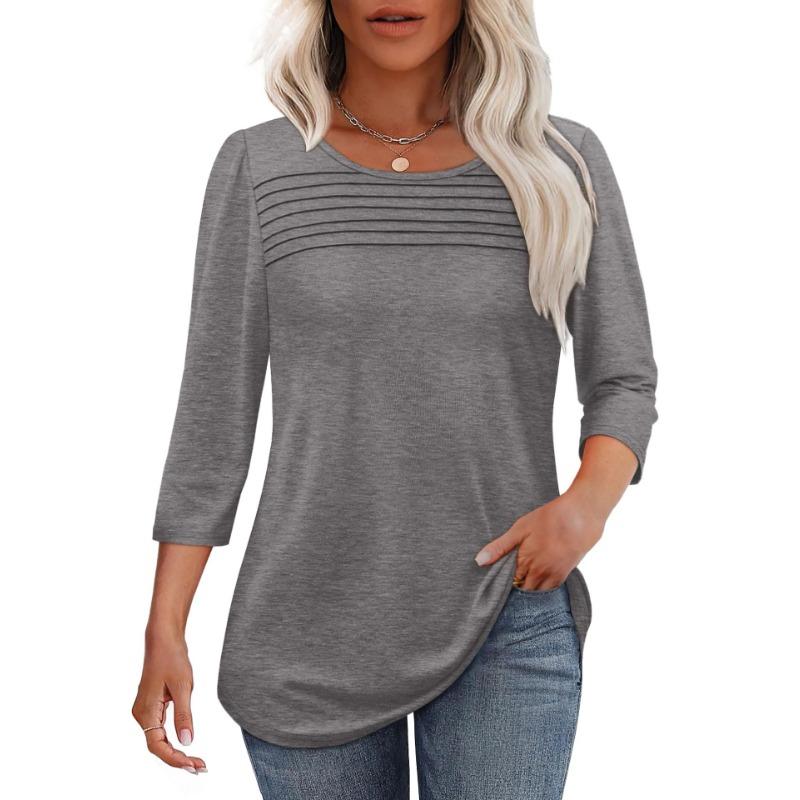 Autumn Round Neck Seven Quarter Sleeve Pleated Top Women's T-shirts