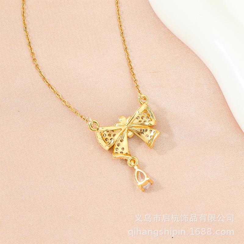 Titanium Steel Light Luxury Bow Necklace Women'S High-End Versatile Temperament Zircon Pendant Same Jewelry